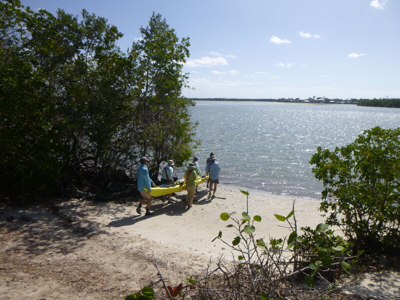 A group of people are carrying a yellow kayak on a sandy beach towards the water. The water appears to be a bay or ocean, stretching out to the horizon under a partly cloudy sky. Trees and vegetation line the edge of the beach, providing a natural backdrop to the scene.